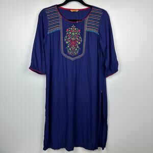 NWOT Aurelia Womens Embroidered Half Sleeve Dark Blue Kurta Tunic Dress Medium